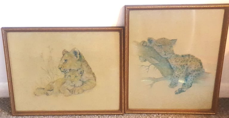 image for Unique and original lot of two framed art of adorable animals