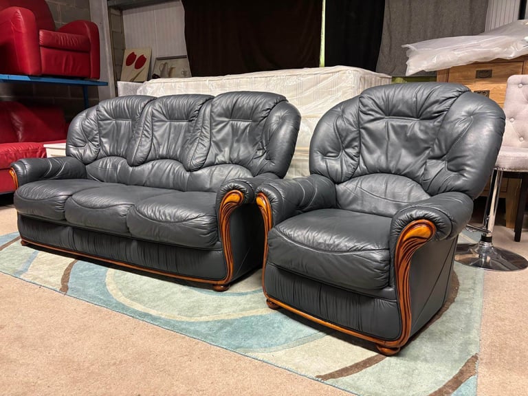 Blue Italian Leather 3 Seater Sofa and Chair excellent condition 