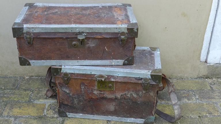 image for 2 seriously distressed ANTIQUE VINTAGE MOVIE CAMERA CASES BOXES. Maker: James A Sinclair of London