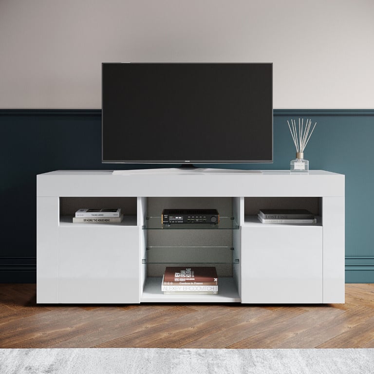 New White Cabinet TV Stand with Led Lights 120 x 35cm RRP £210 Our Price £122