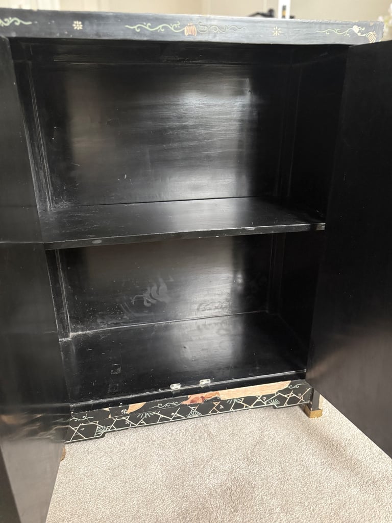 Vintage Japanese-Style Hand-Painted Lacquer Cabinet with Brass Fittings