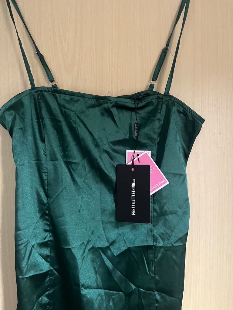 PETITE EMERALD SATIN STRAPPY STRAIGHT NECK BODYCON