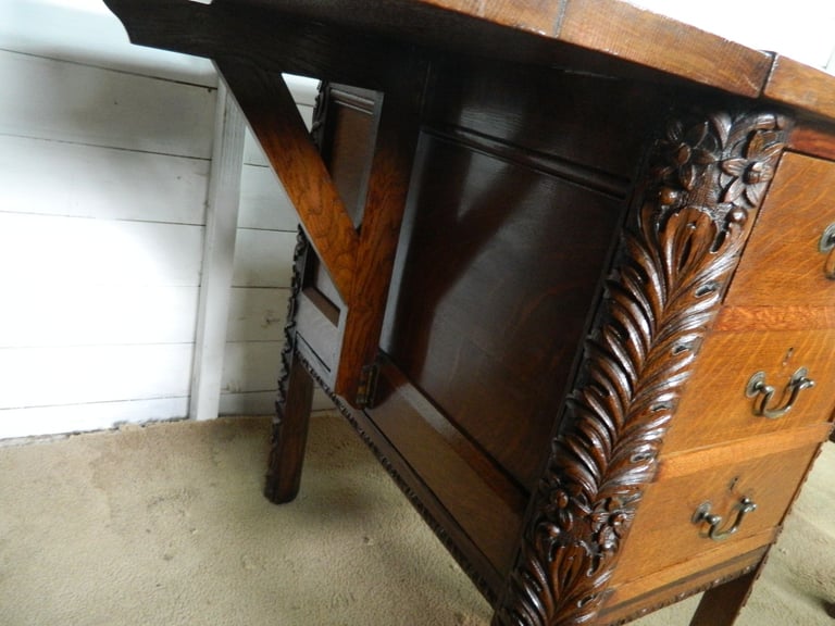Solid Oak Heavily Carved Pedestal desk
