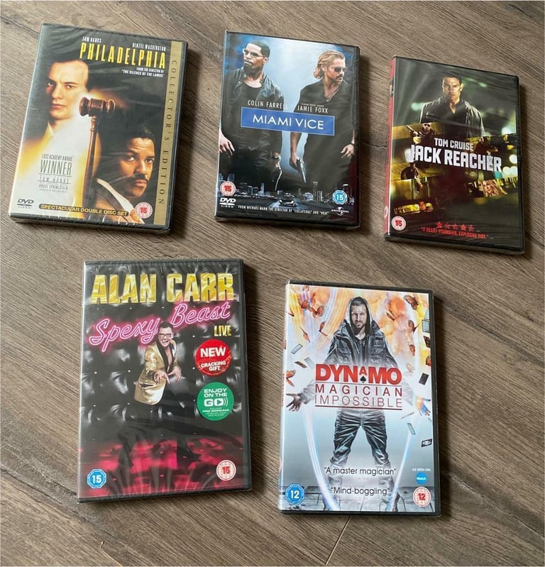 Bundle of 5 Brand New SEALED DVD’s Philadelphia, Miami Vice, Jack Reacher, Dynamo & Alan Carr