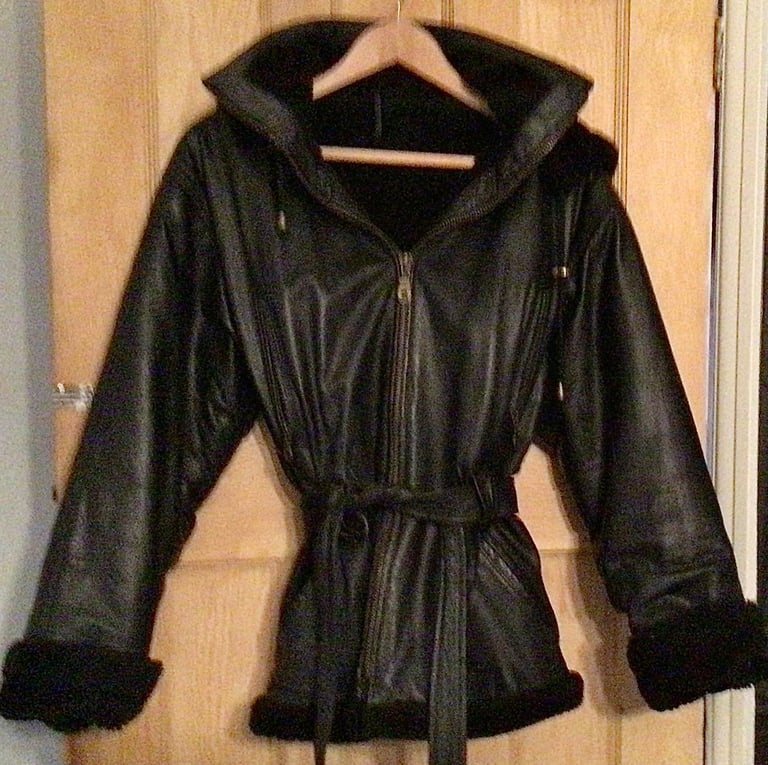 Black leather Ladies coat with hood
