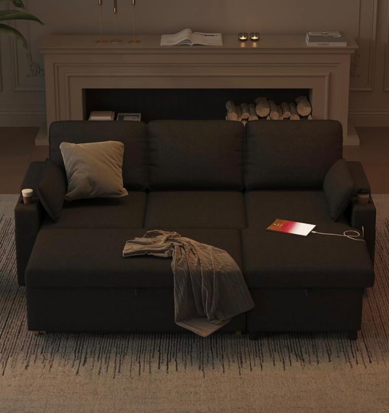 All-in-One Sofa Bed with USB, Cupholders, Ottoman & Storage Armrests.