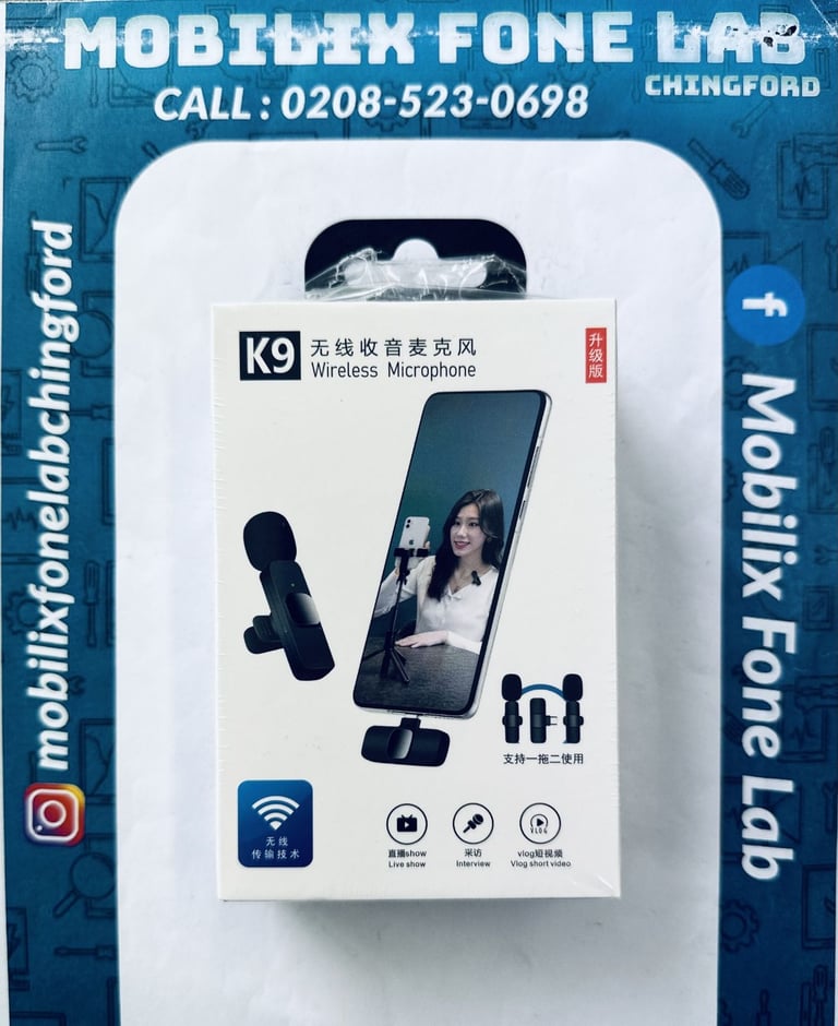 image for K9 Wireless Microphone for iPhone, iPad, Android Audio Video Recording, Crystal Clear Sound Quality