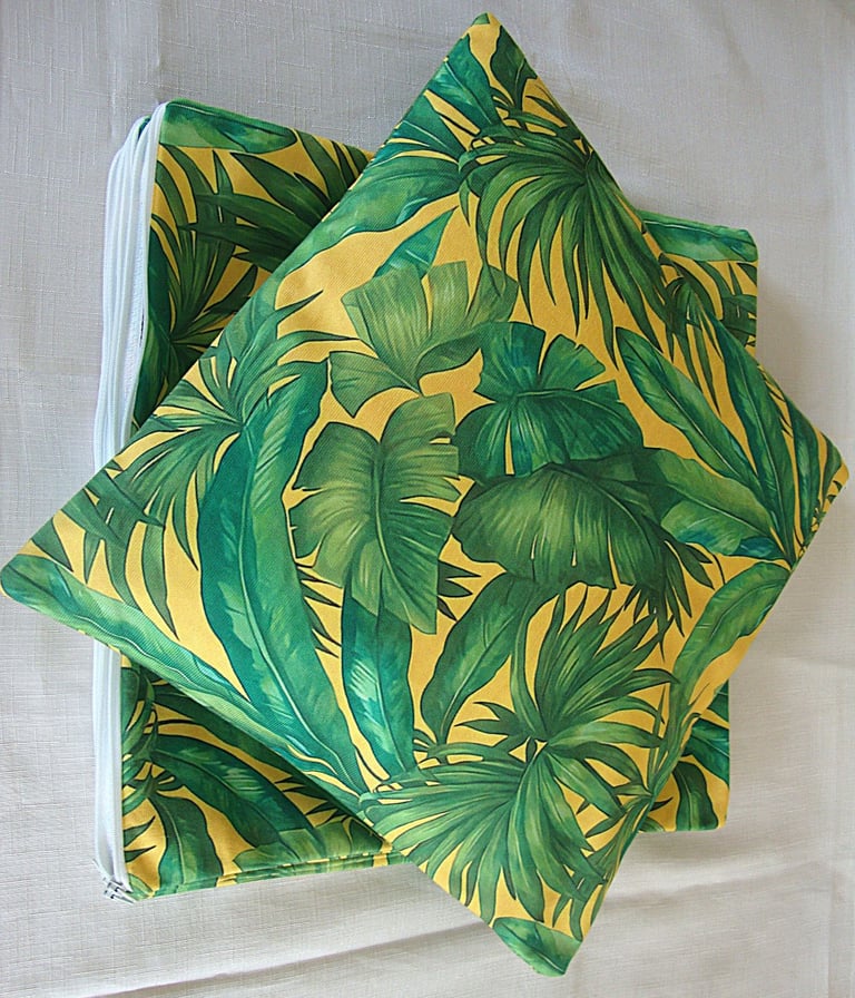 4 cushion covers 40cm x 40cm, (16 x 16 inches), Tropical foliage green & yellow, new