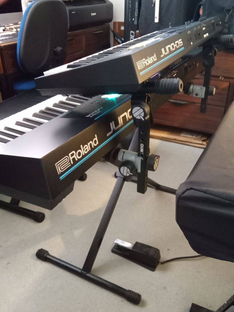 ROLAND JUNO DS88+61 Double Keyboards. Battery Power. QUIKLOK Stand, Cases, Pedal, PSU