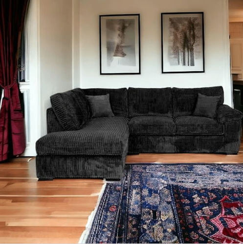 Brand New Sofa Set - Thomes Full Back Jumbo Cord L Shape Corner OR 3+2 Seater Sofa - Black