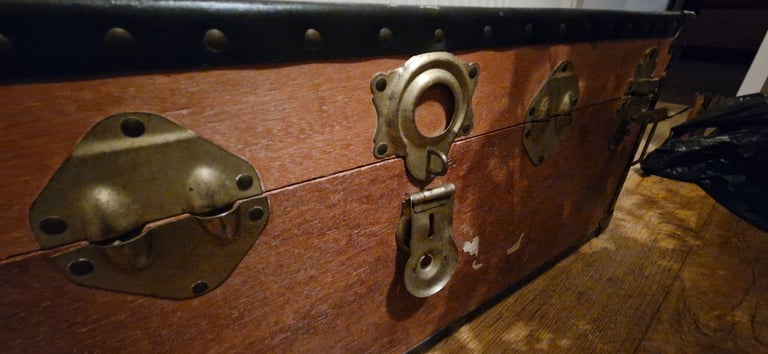 Large Chest / Overpond Trunk 1940s wood Metal Storage / Coffee Table 36"
