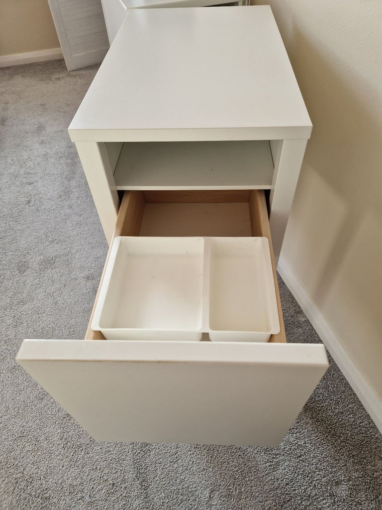 Pair of IKEA Nordli slim white bedside tables with deep drawer