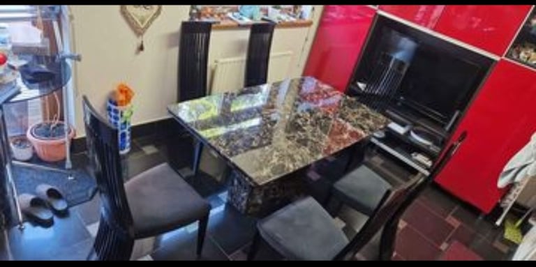 Real Italian Marble Extending Table –Brown & Black, with Chairs