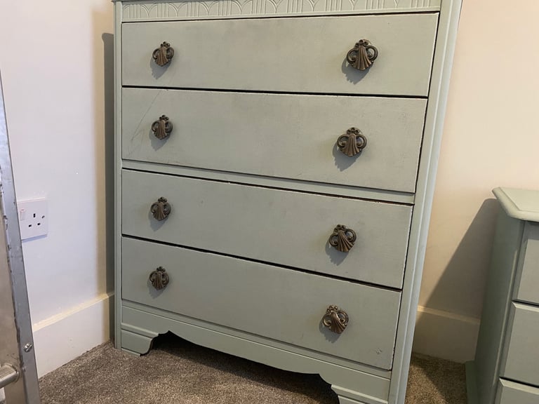 Solid wood chest of drawers, bedside table and mirror