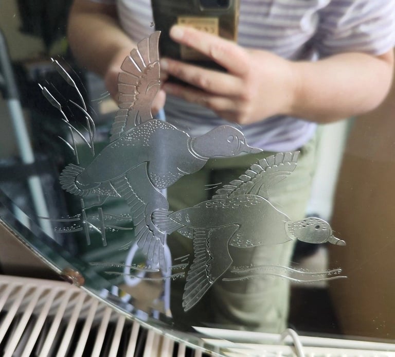 Vintage Art Deco Bevelled Edge Hanging Mirror flying ducks On Chain round etched