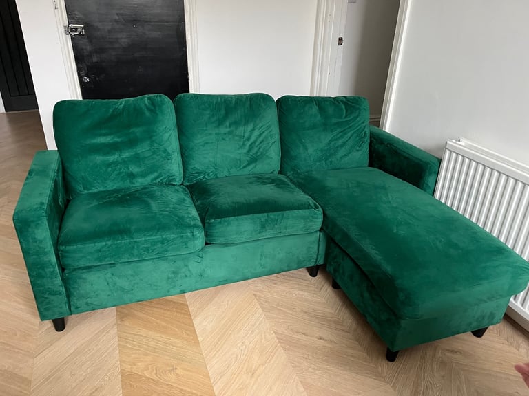 image for 3 Seater Sofa with Reversible Chaise in Green Velvet
