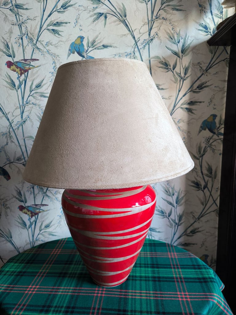 Matching Pair of Red Ceramic Table Lamps with Tan shades