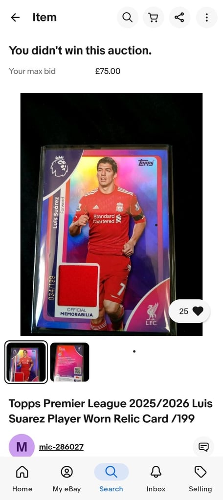 Topps Premier League 2025/2026 Luis Suarez Player Worn Relic Card 34/199 RARE