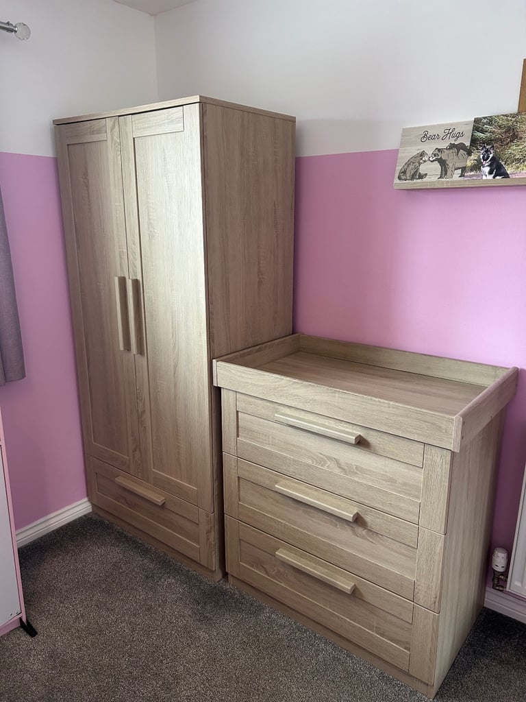 Nursery furniture cot bed wardrobe drawers with changing table and book shelf 