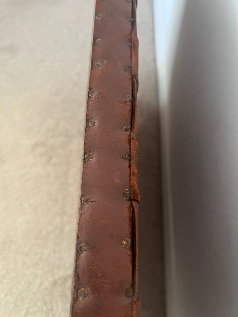 Arts and Crafts Oak and Woven Studded Leather Fire Screen. 