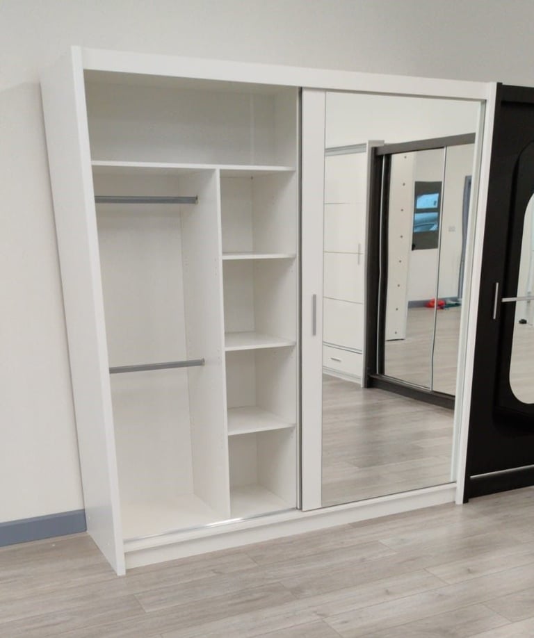 image for 203Cm Berlin Full Mirror Sliding Door Wardrobe White Color BRAND NEW ~~~~ Hanging & Shelves 