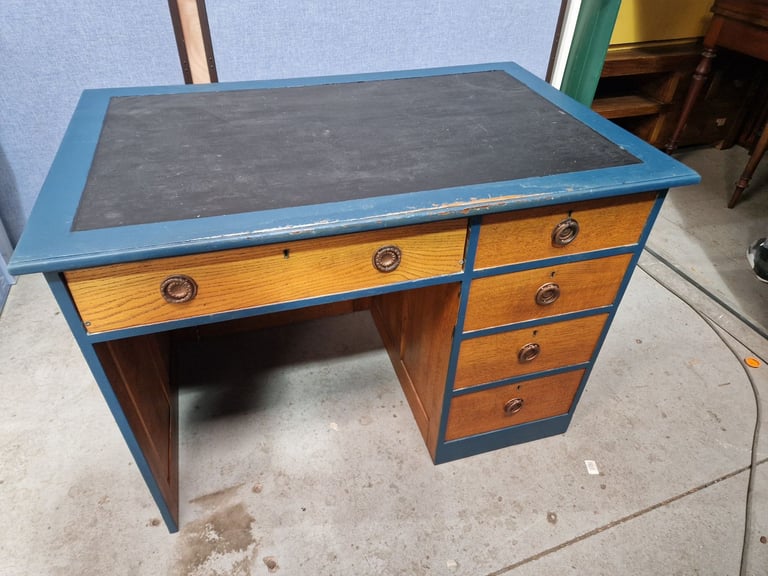 image for Stunning upcycled vintage wooden desk with forest scene designs to sides