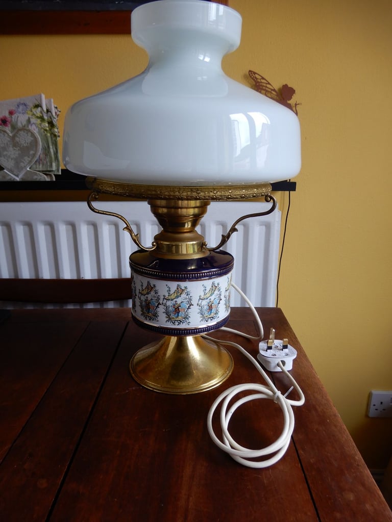 image for Antique Table lamp Porcelain and brass with opaline lampshade