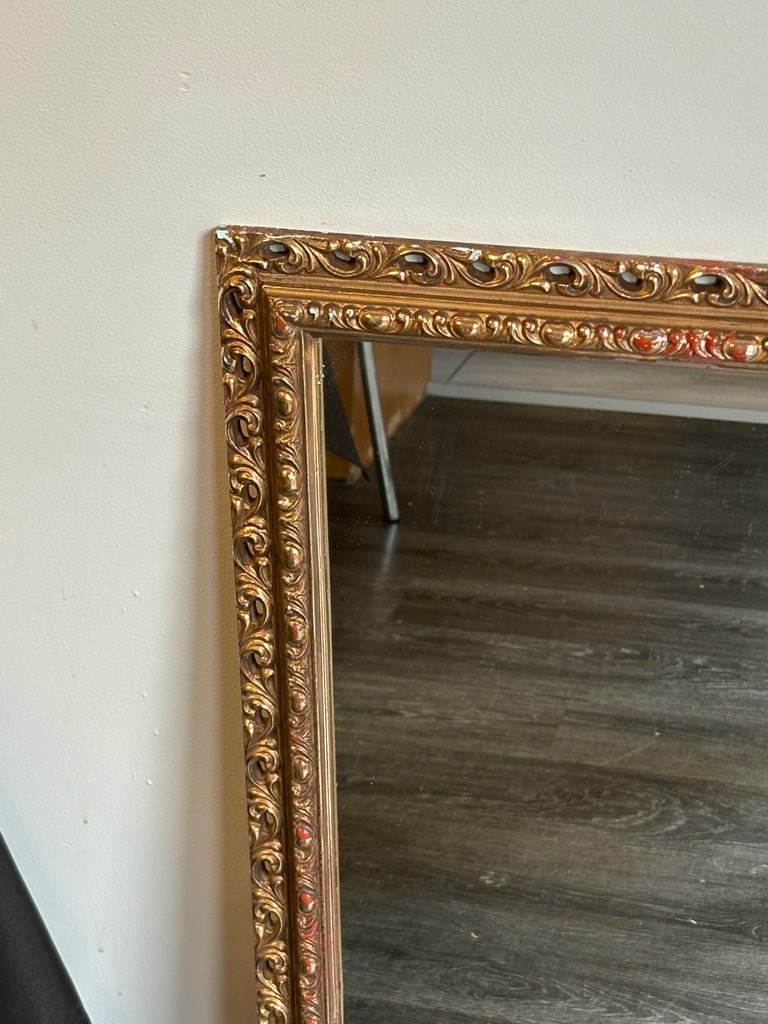 Large gold ornate vintage wooden mirror 33” x 21”