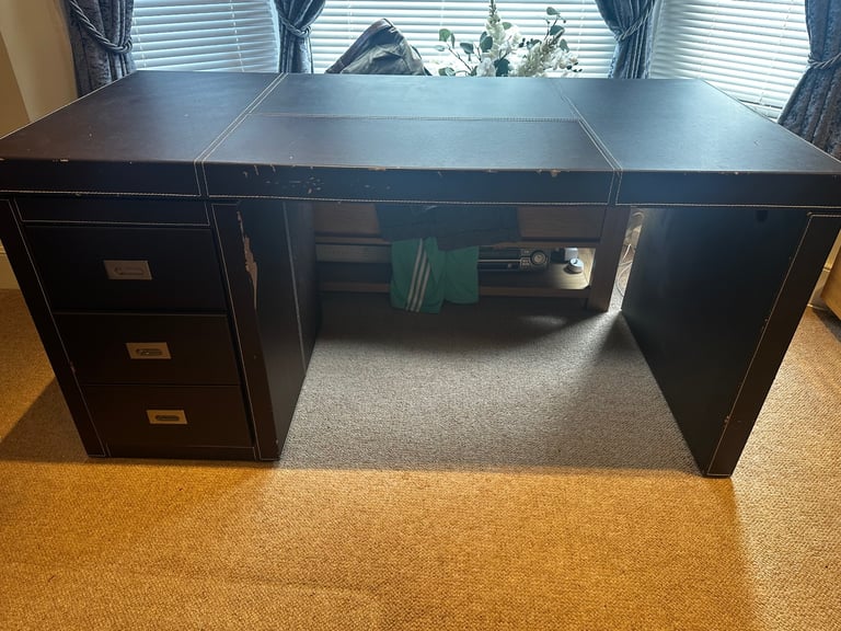 Large Faux Leather brown desk with 3 drawers