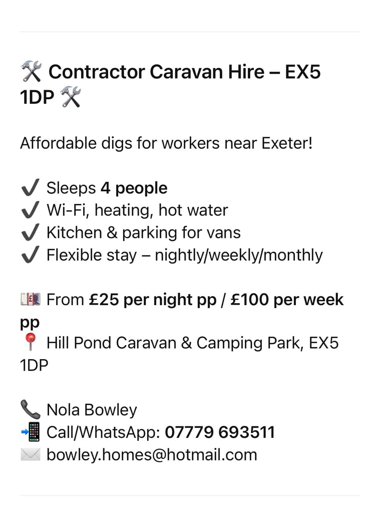 Contractor caravan hire 