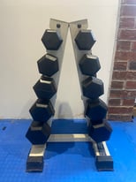 5 x sets of Hex Dumbbells on a rack