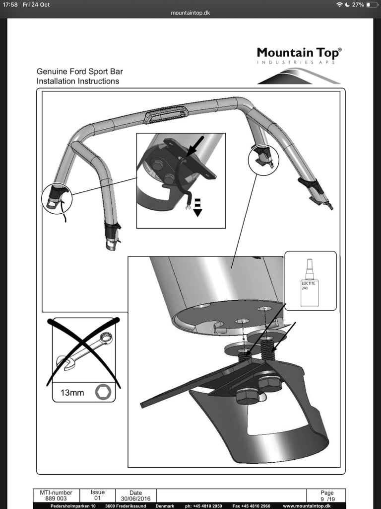 Mountain Top Roll / Sports Bar - Fitting Kit MTI 889 002