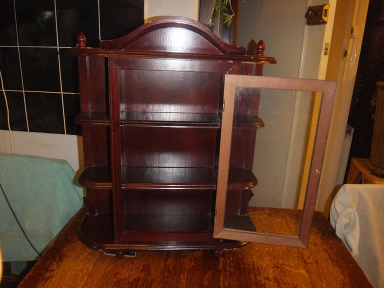Vintage Wooden Display Cabinet Hanging or Tabletop with Glass Door 52x46cm