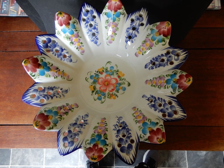 Antique openwork hand painted ceramic fruit bowl