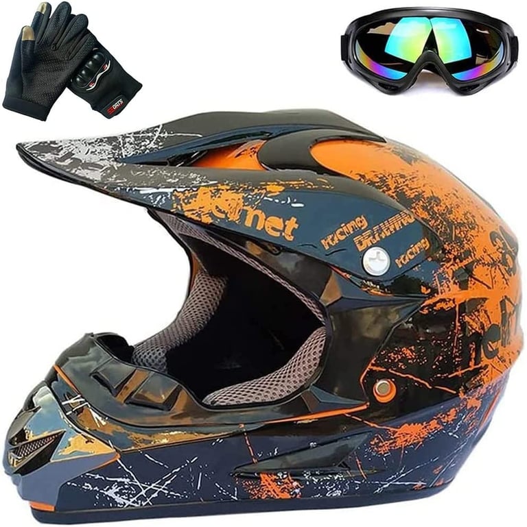 ZJRA MX MOTOCROSS HELMET MULTICOLOURED SIZE LARGE WITH GLOVES AND GOGGLES NEW IN PACKET