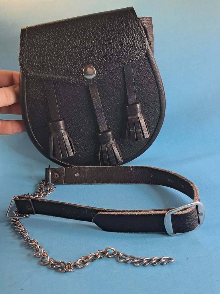 image for Black colour 3 Tassels Scottish Kilt Sporran, Fine Quality Black Real Leather. As seen.