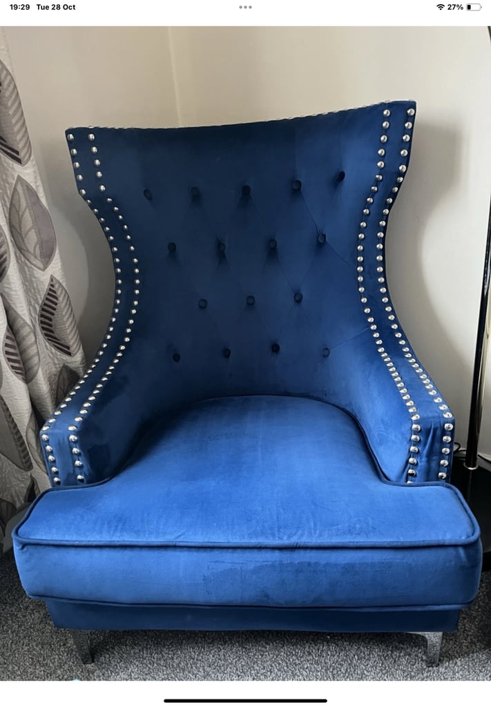 Large Cobolt Blue Studded Wingback Throne Accent Chair 