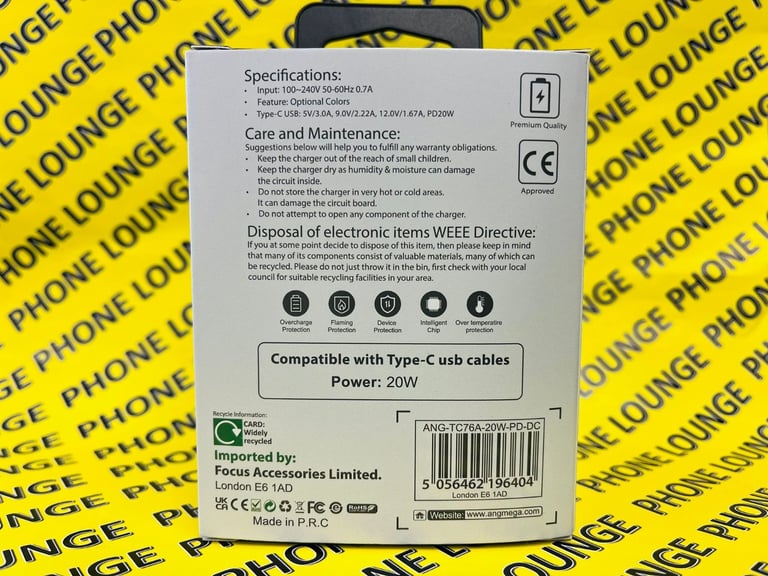 ANG UK Mains Fast Plug PD 20W + Type c to Lighting Usb