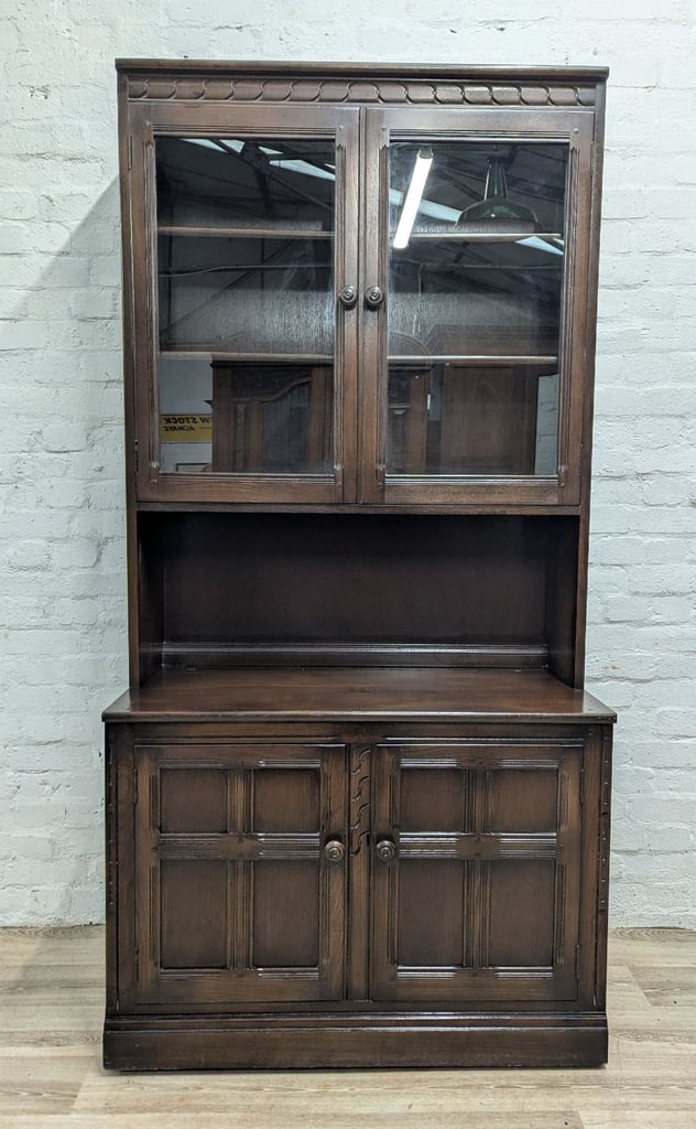 Ercol 586L & 580 Mural glazed bookcase over 2 door cupboard unit dark finish