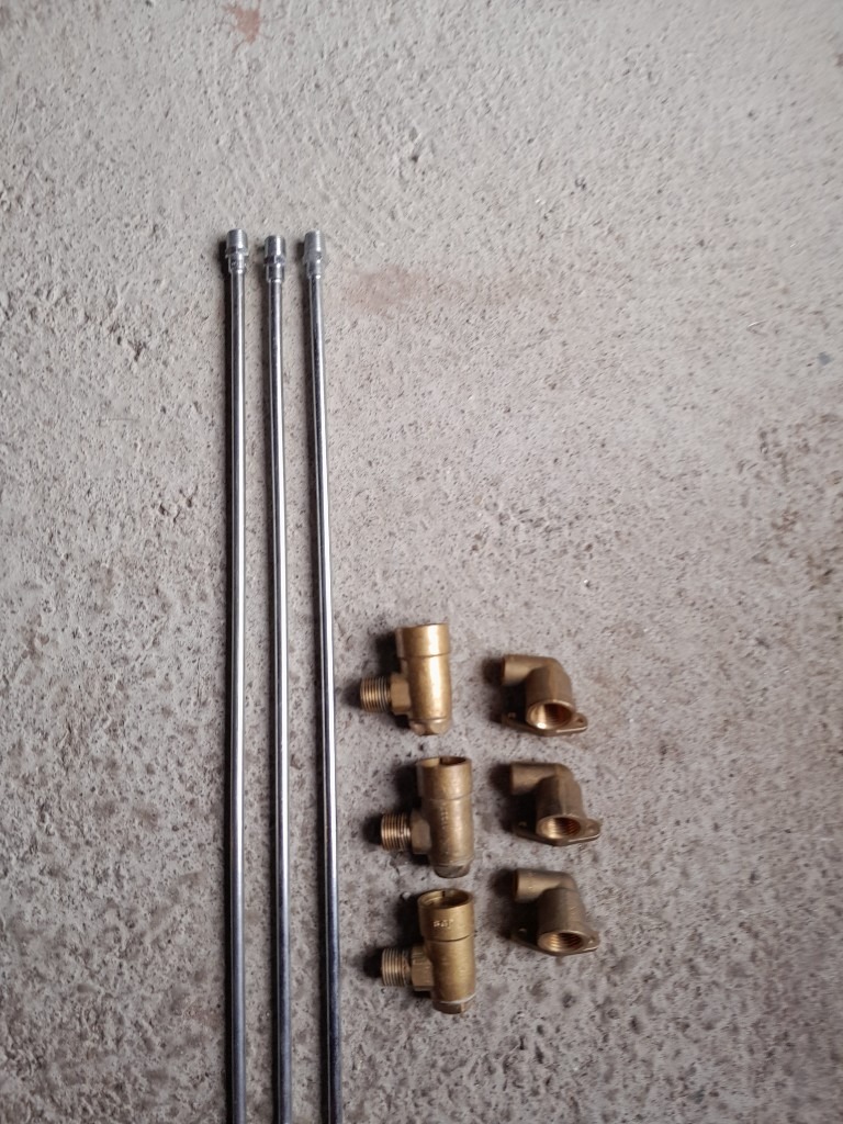  3 Gas Cooker Bayonets c/w Backplates and 3 x 8mm Chrome  Gas Fire Pipes, all new, unused
