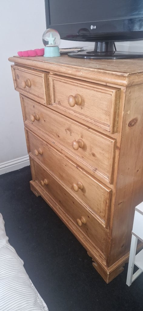 Solid pine wardrobe, draw and bed side table.