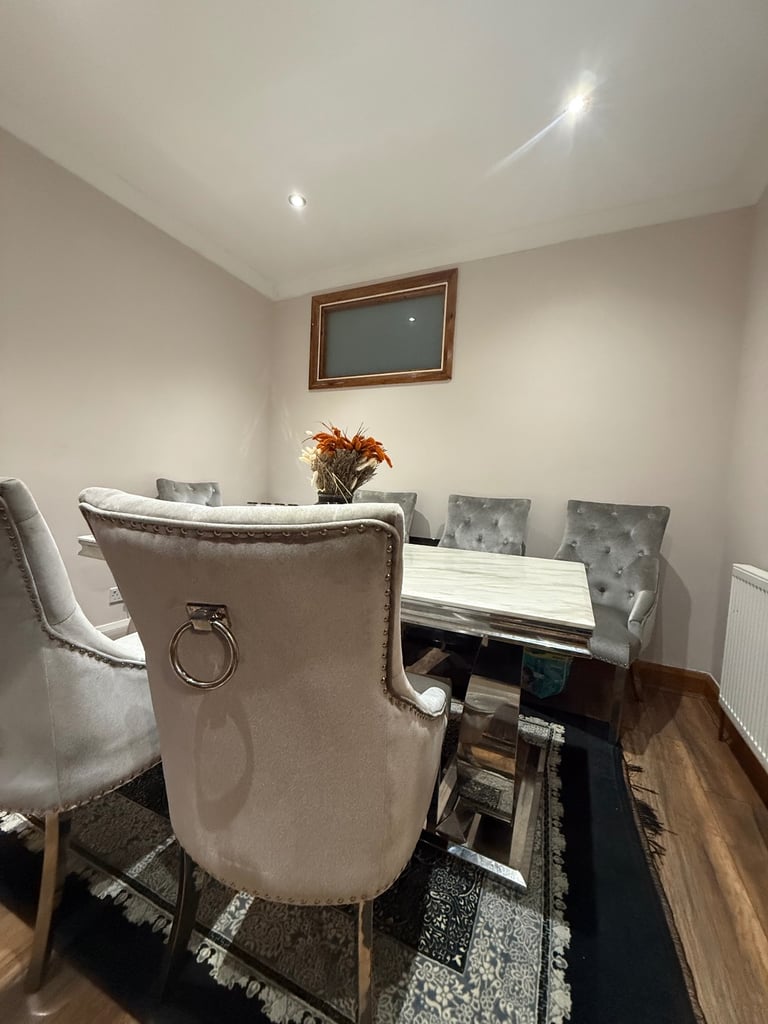 Ariana Marble 1.8m Dining Table with 6 Cheshire Plush Velvet Knocker Chairs