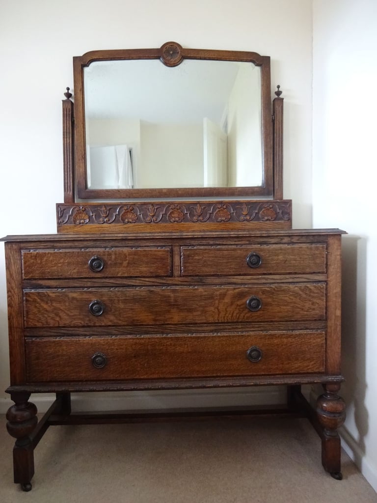 ANTIQUE OAK DRESSING TABLE & CARVED UPSTAND WITH REMOVEABLE MIRROR