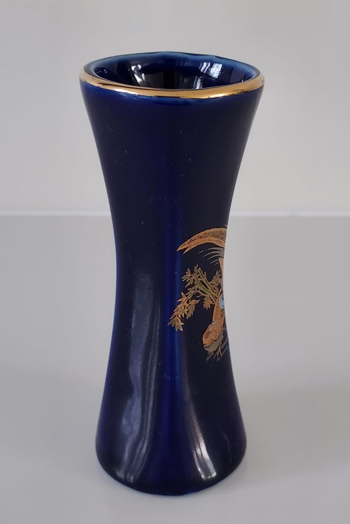 Cobalt Blue Ceramic Pottery Bud/Posy Vase Oriental Bird Design 10 cm Tall