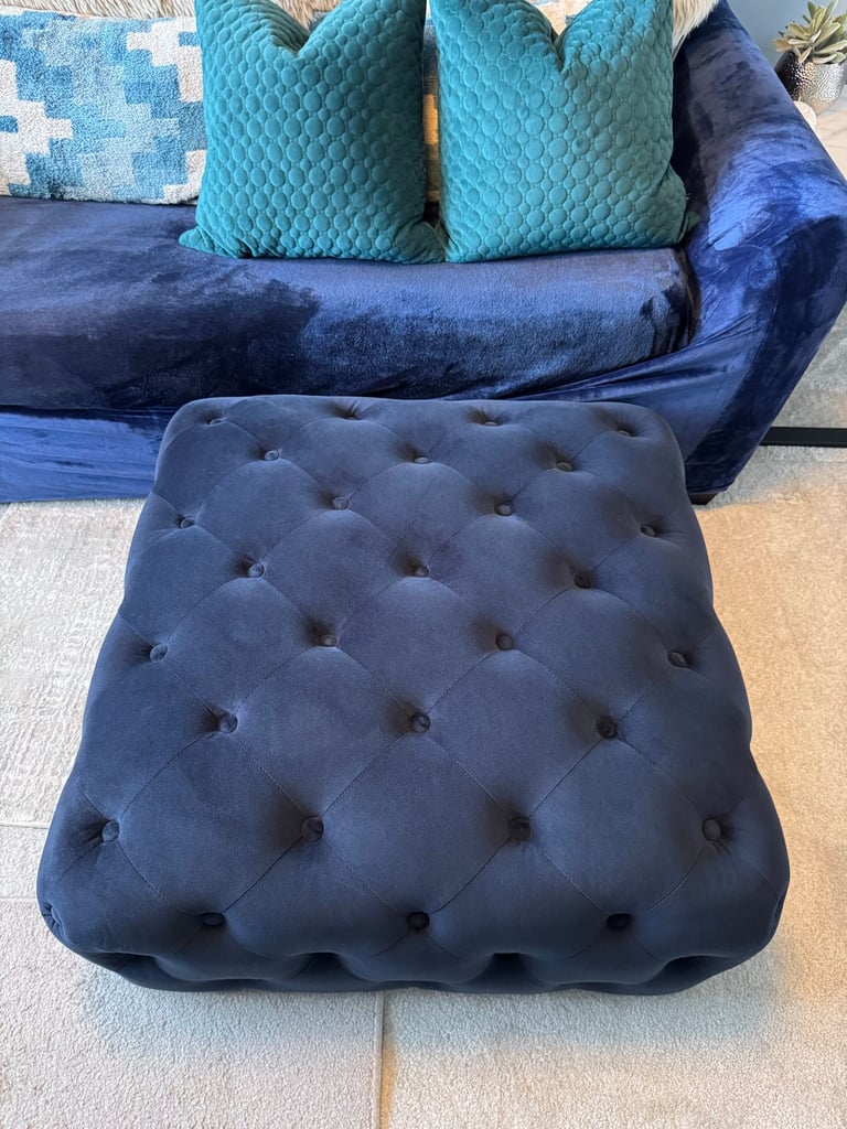 image for Lovely Navy Blue Velvet Buttoned Footstool - Great Condition