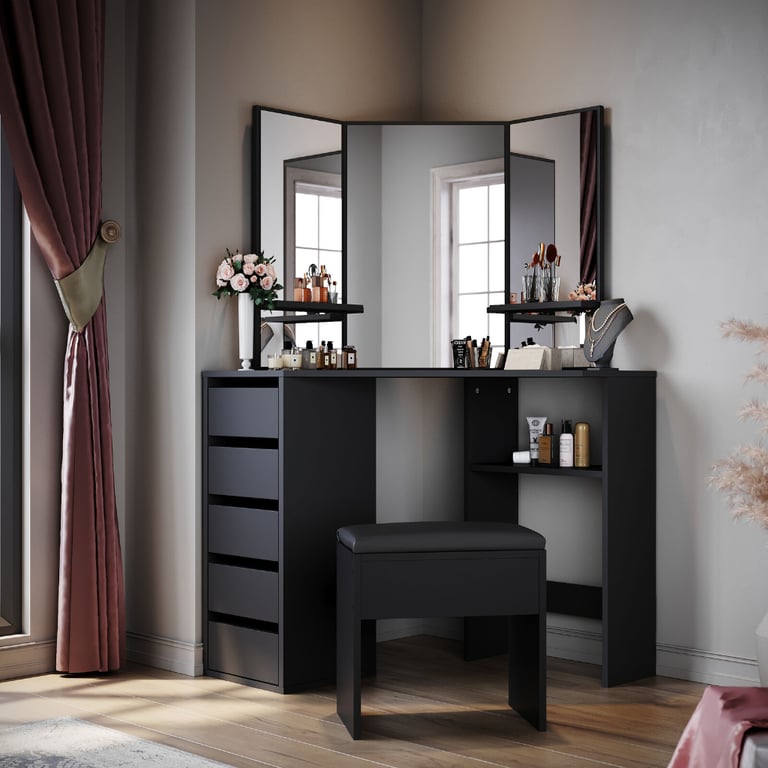 New Black 5 Drawers Makeup Desk with Mirror and Stool RRP £215 Our Price £140