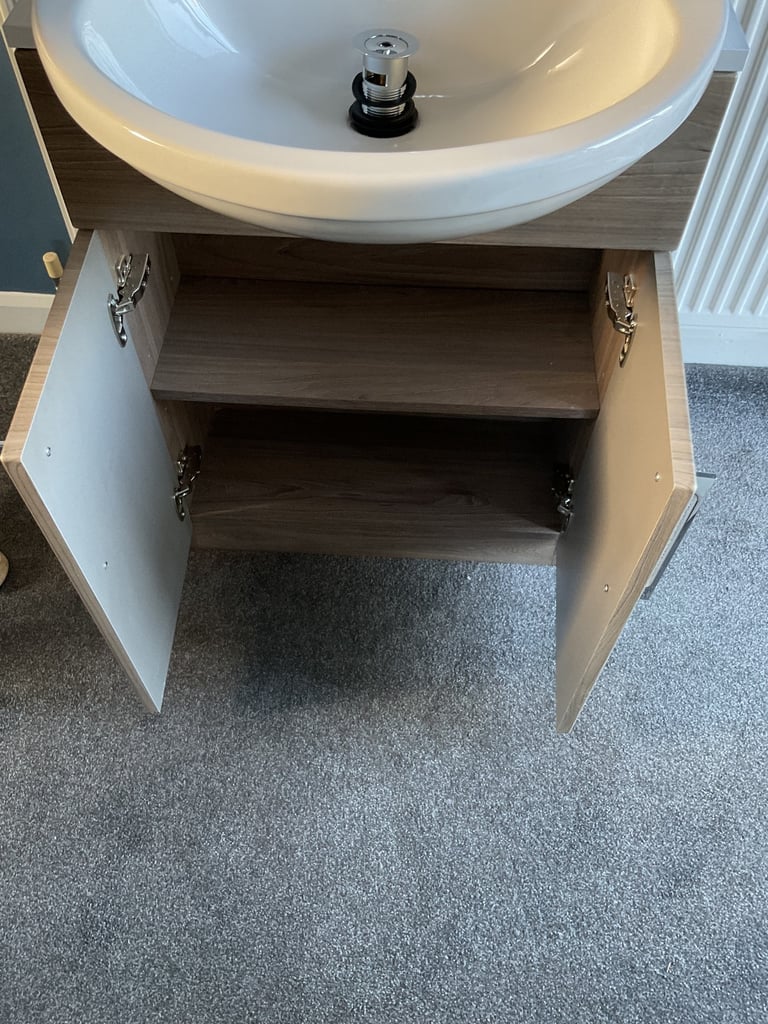 Dark Elm &white 600mm slimline vanity with semi recessed basin, mixer & waste