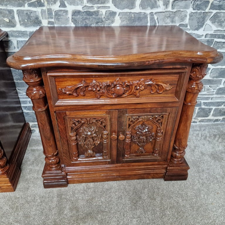 Pair of Hand-Carved Wooden Bedside Cabinets