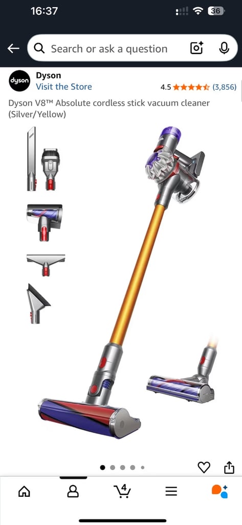 Dyson V8 Absolute Cordless Stick Vacuum Cleaner Silver Yellow, Model 476596-01