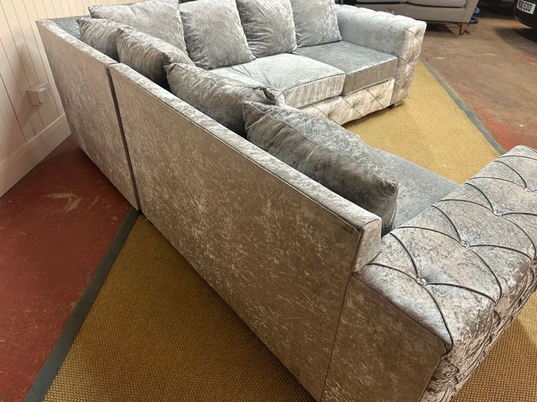 #172 Crush Velvet Silver Corner Sofa - Excellent Condition – Delivery Available